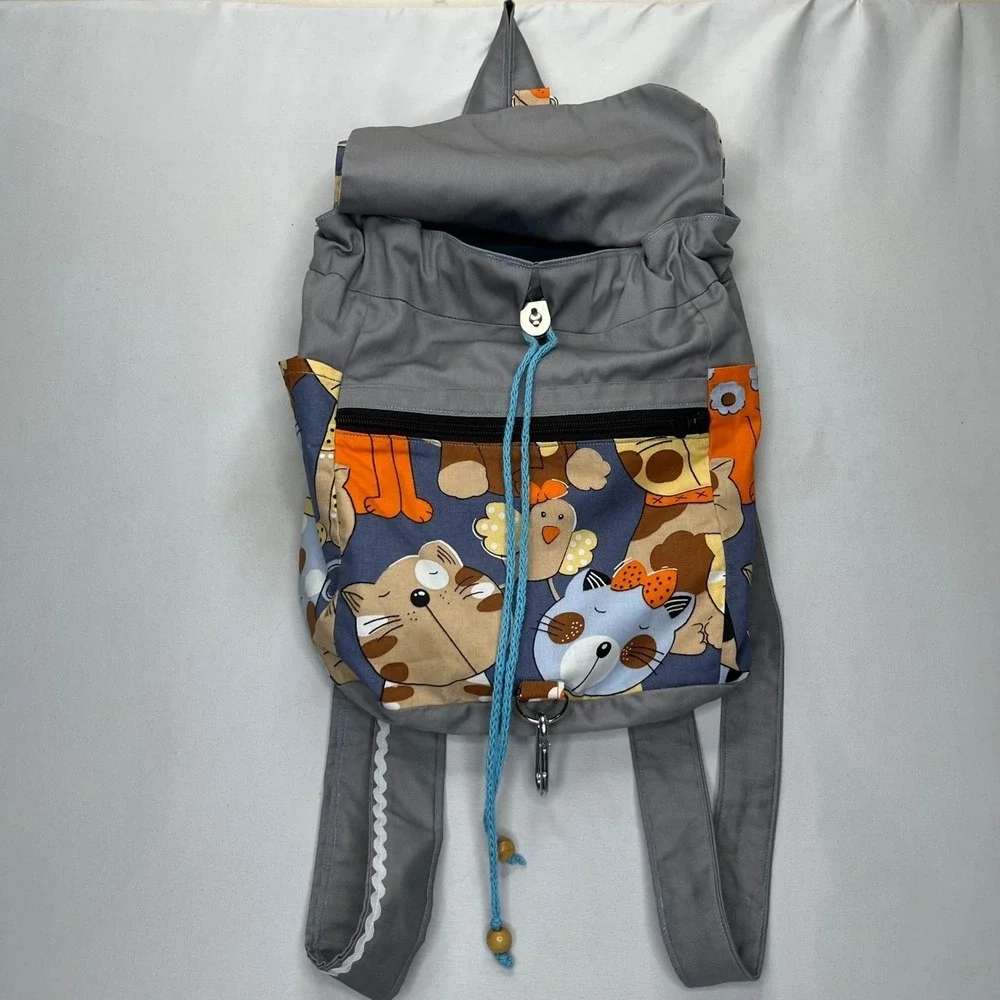 Handmade Canvas Backpack Cat Bird Print Gray Multi Color Rucksack Whimsical Bag